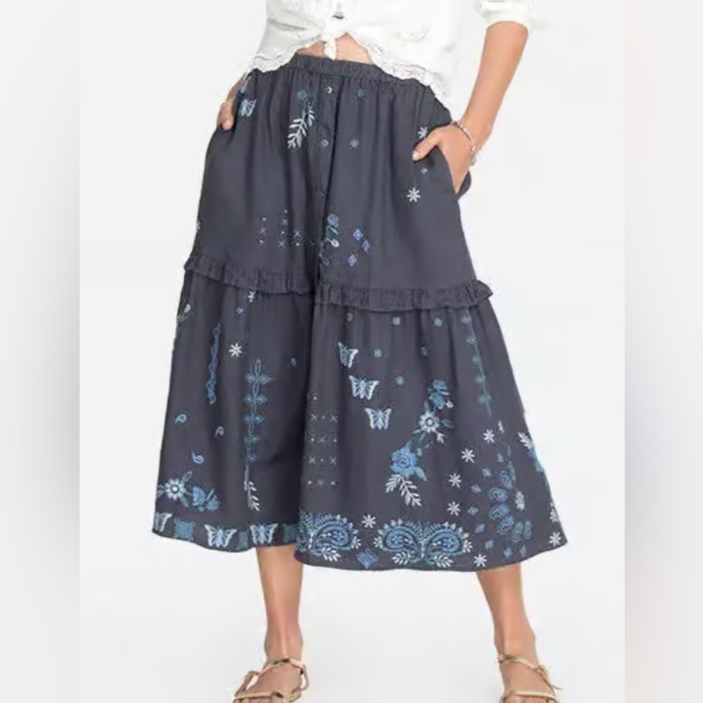 Johnny Was Nico Ruffle Tierred MIDI Skirt Embroidered, sz M
